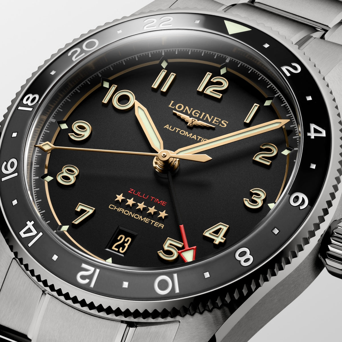 [SIMCHA-TOP500:LONGINES:L3.802.1.53.6:02] LONGINES SPIRIT ZULU TIME TITANIUM L3.802.1.53.6 Automatic, Titanium and ceramic bezel, Anthracite, Bracelet Watch - Face close up