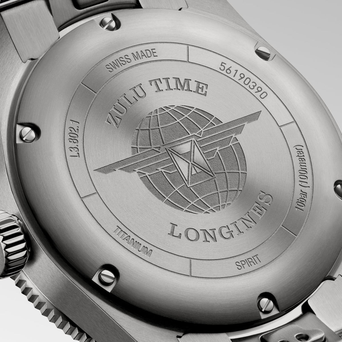 [SIMCHA-TOP500:LONGINES:L3.802.1.53.6:03] LONGINES SPIRIT ZULU TIME TITANIUM L3.802.1.53.6 Automatic, Titanium and ceramic bezel, Anthracite, Bracelet Watch - Back close up
