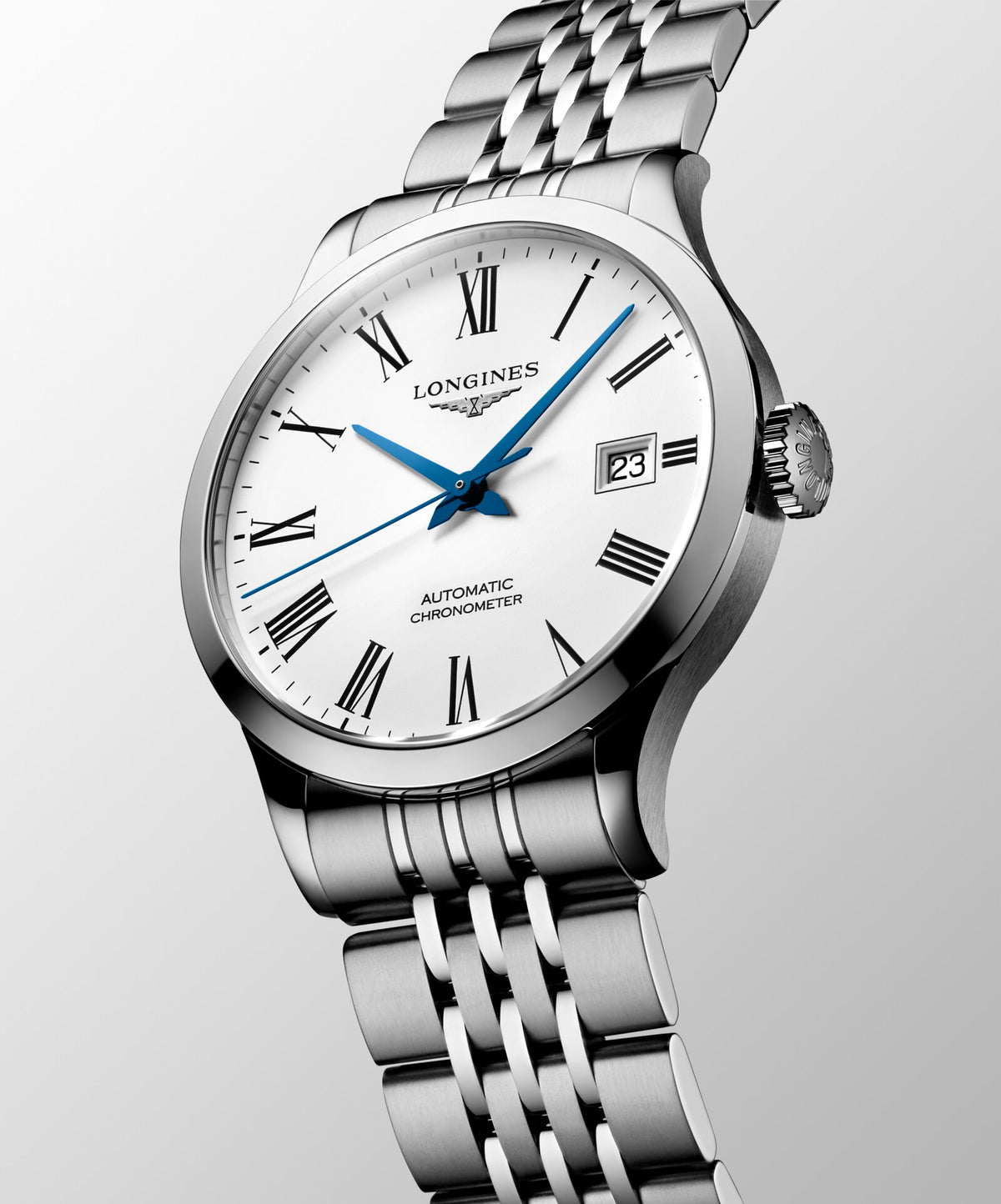 [SIMCHA-OFFICIAL-GALLERY:L2.820.4.11.6:03] Longines Record 38.50mm Automatic White matt Dial Stainless Steel Bracelet Watch — official gallery view 3