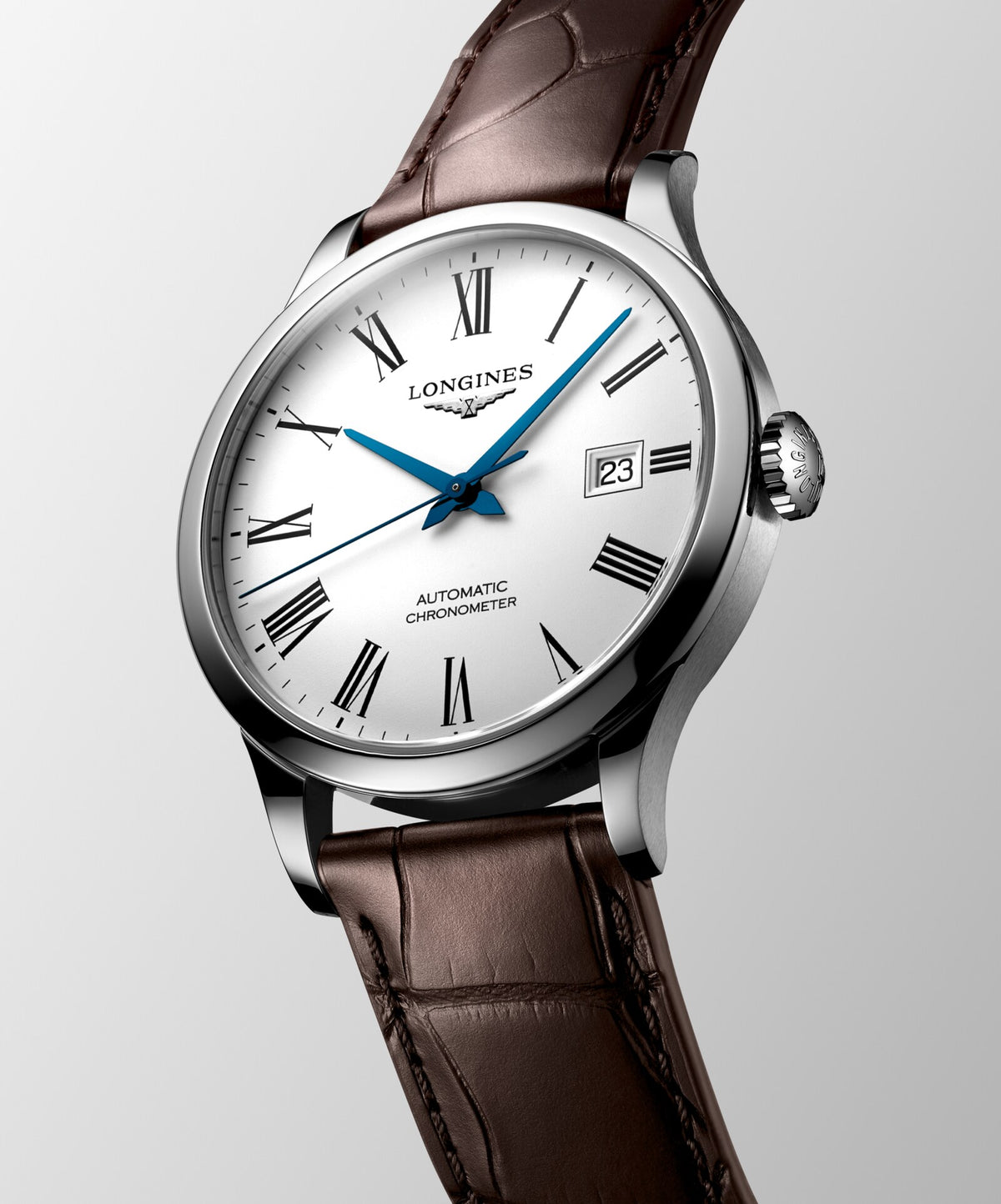 [SIMCHA-OFFICIAL-GALLERY:L2.821.4.11.2:03] Longines Record 40.00mm Automatic White matt Dial Brown Alligator Strap Watch — official gallery view 3