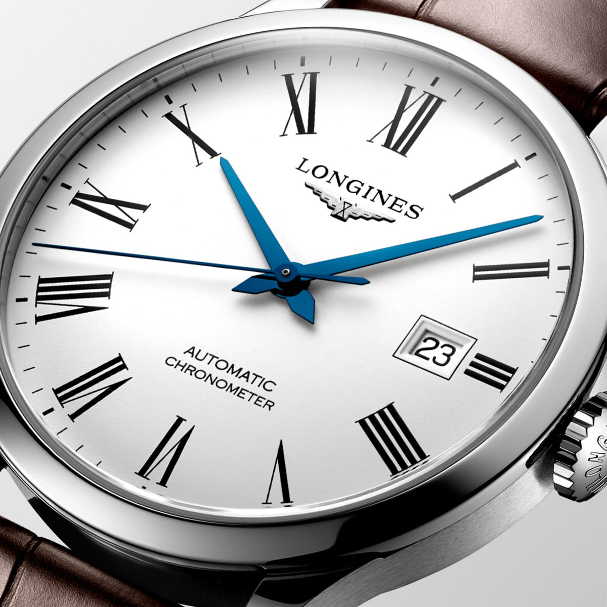 [SIMCHA-OFFICIAL-GALLERY:L2.821.4.11.2:02] Longines Record 40.00mm Automatic White matt Dial Brown Alligator Strap Watch — official gallery view 2