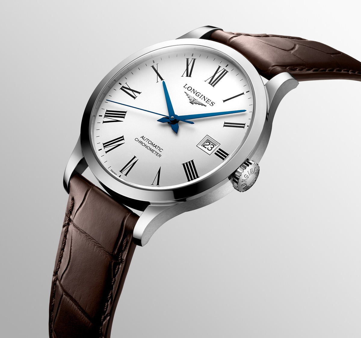 [SIMCHA-OFFICIAL-GALLERY:L2.821.4.11.2:05] Longines Record 40.00mm Automatic White matt Dial Brown Alligator Strap Watch — official gallery view 5