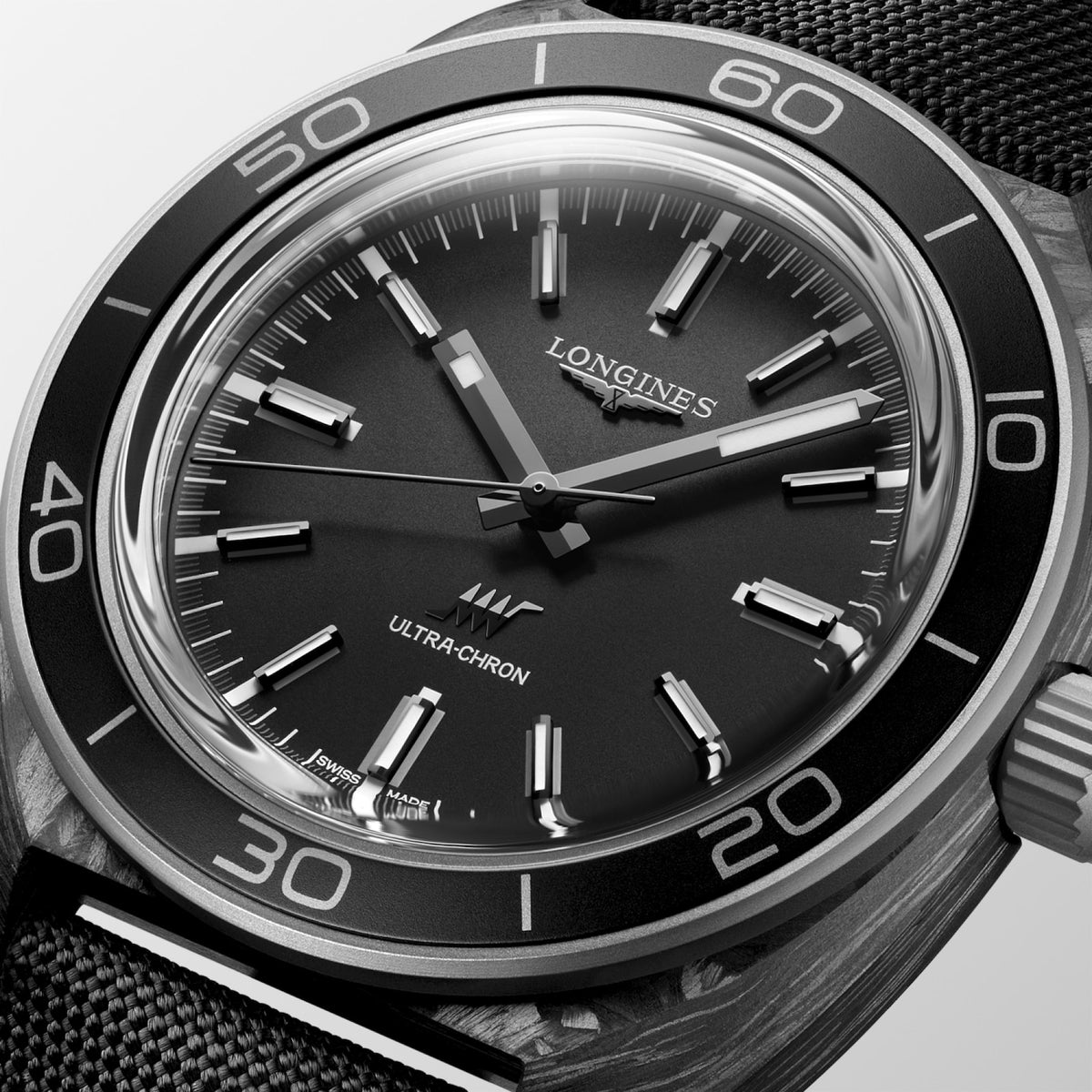 [SIMCHA-TOP500:LONGINES:L2.839.4.52.2:02] ULTRA‑CHRON CARBON L2.839.4.52.2 Automatic, Titanium and carbon, Anthracite, Strap Watch - Face close up
