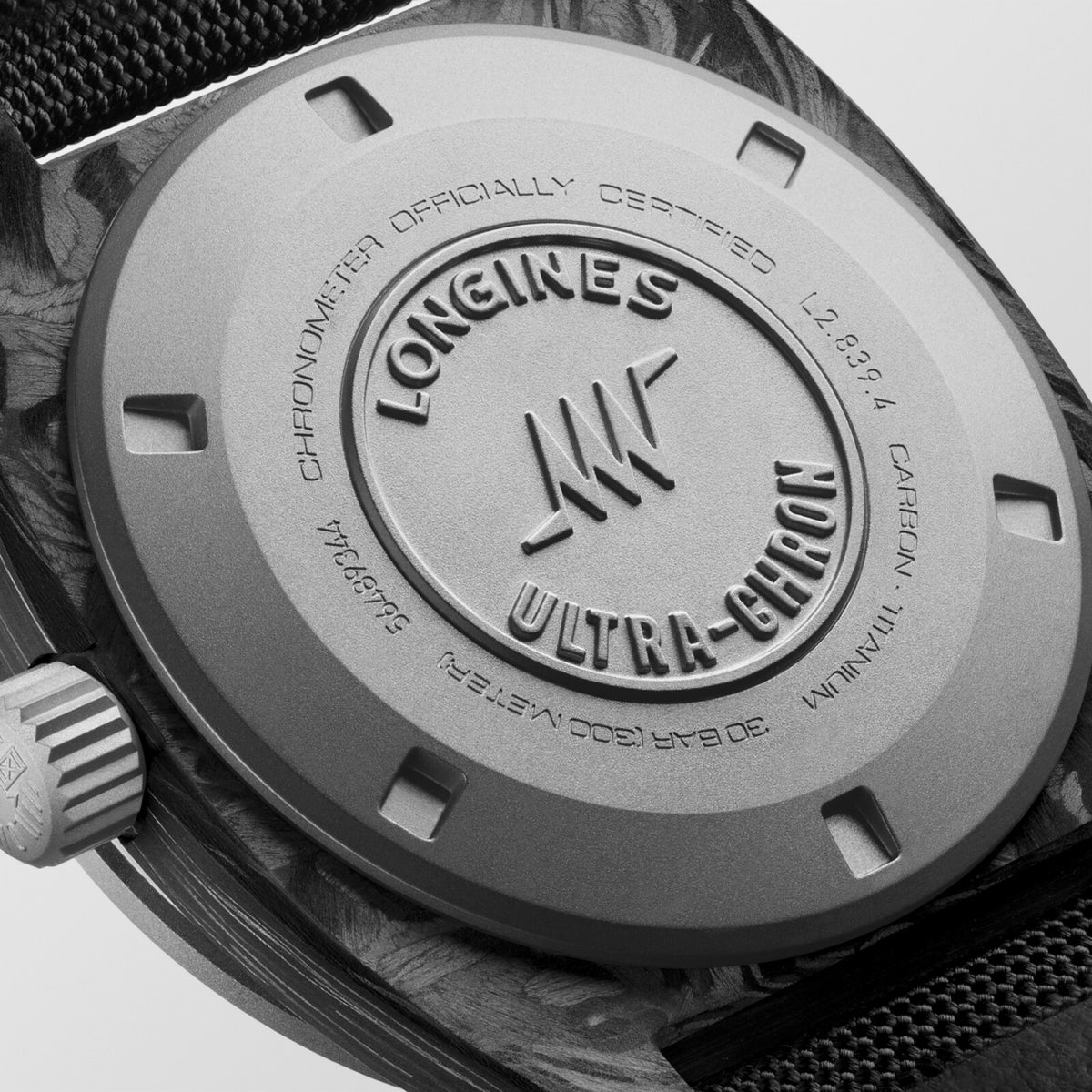 [SIMCHA-TOP500:LONGINES:L2.839.4.52.2:03] ULTRA‑CHRON CARBON L2.839.4.52.2 Automatic, Titanium and carbon, Anthracite, Strap Watch - Back close up