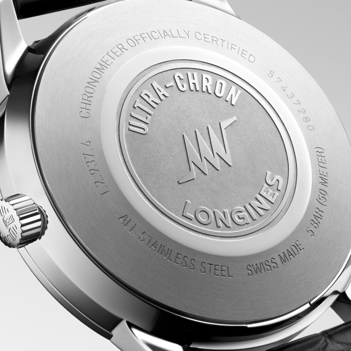 [SIMCHA-STANDALONE:L2.937.4.72.2:03] Longines Ultra-Chron Classic 40.00 mm Automatic Sunray silver Dial Black Alligator strap Watch – L2.937.4.72.2 – ULTRA-CHRON CLASSIC L2.937.4.72.2 Automatic, Stainless steel, Sunray silver, Strap Watch - Back close up