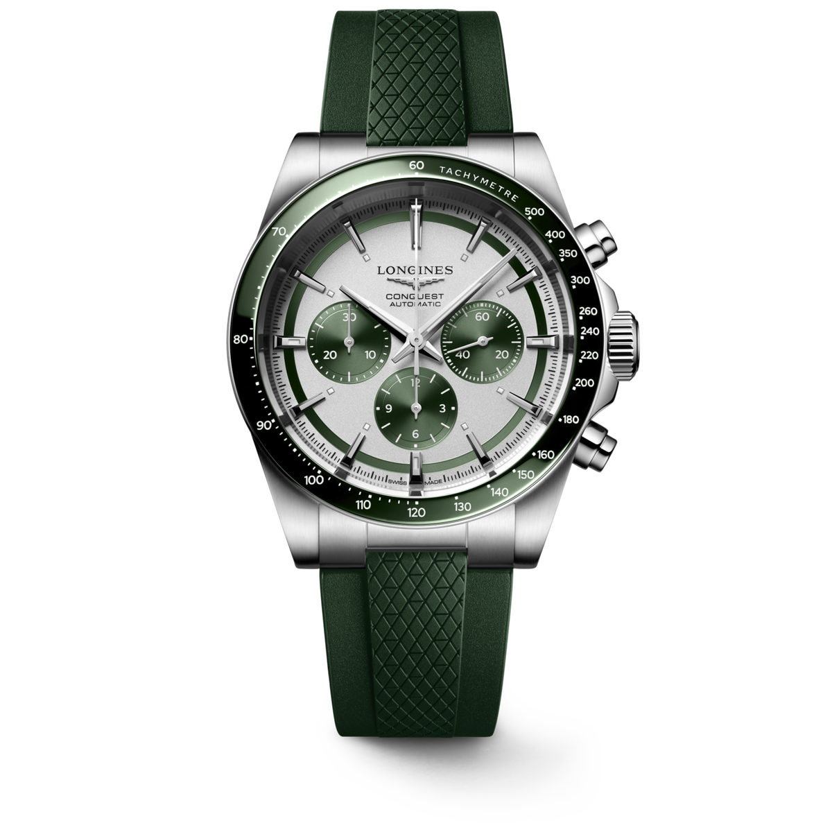 [SIMCHA-TOP500:LONGINES:L3.835.4.02.9:01] CONQUEST CHRONOGRAPH L3.835.4.02.9 Automatic, Stainless steel and ceramic bezel, Silver matt with green counters, Strap Watch - Watch soldier