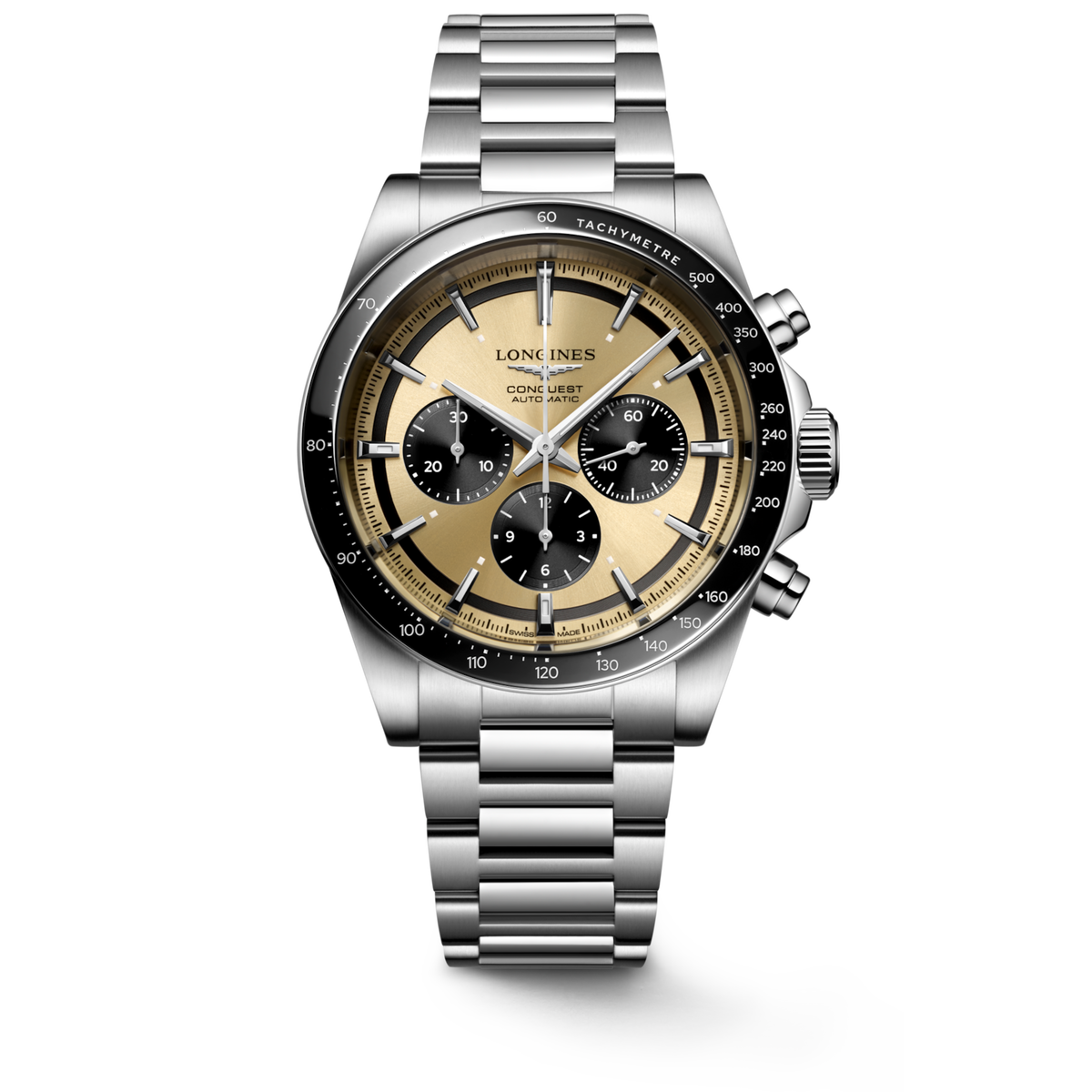[SIMCHA-TOP500:LONGINES:L3.835.4.32.6:01] CONQUEST CHRONOGRAPH L3.835.4.32.6 Automatic, Stainless steel and ceramic bezel, Sunray Gilt, Bracelet Watch - Watch soldier