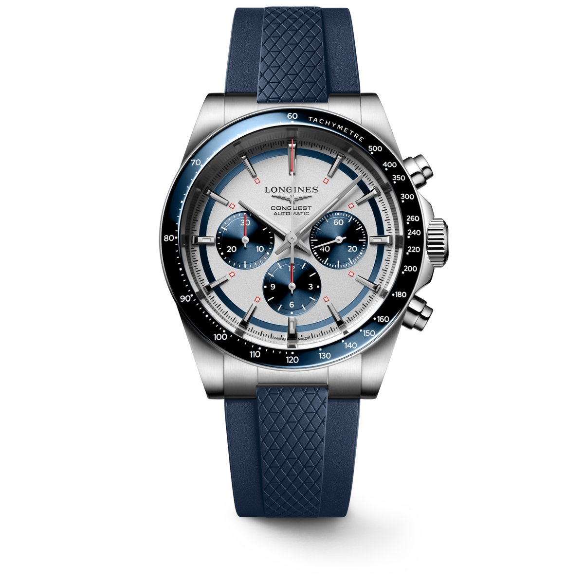[SIMCHA-TOP500:LONGINES:L3.835.4.98.9:01] CONQUEST CHRONOGRAPH L3.835.4.98.9 Automatic, Stainless steel and ceramic bezel, Silver matt with blue counters, Strap Watch - Watch soldier