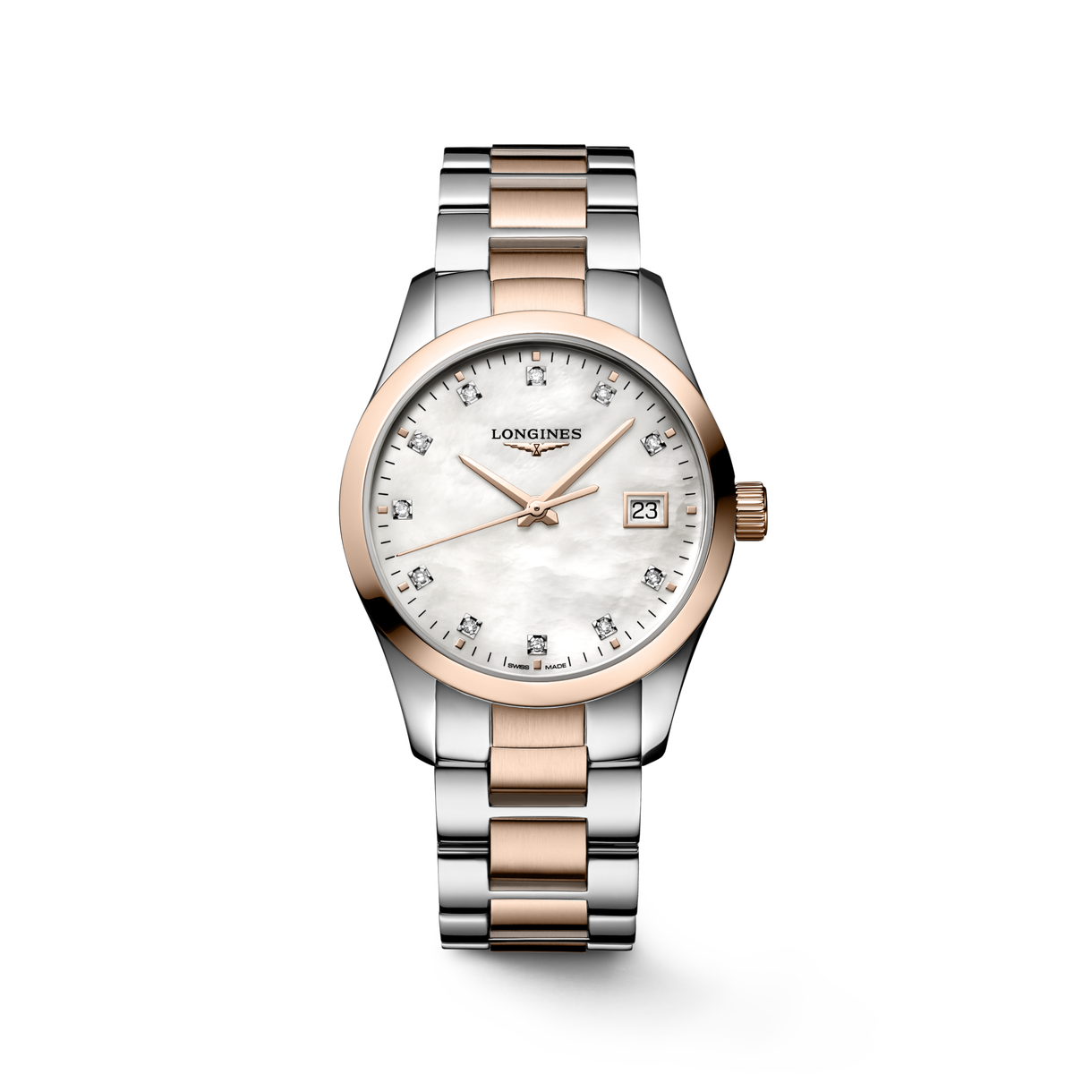 Longines Conquest Classic 34.00mm Quartz White mother-of-pearl Dial Red Stainless Steel Bracelet Watch