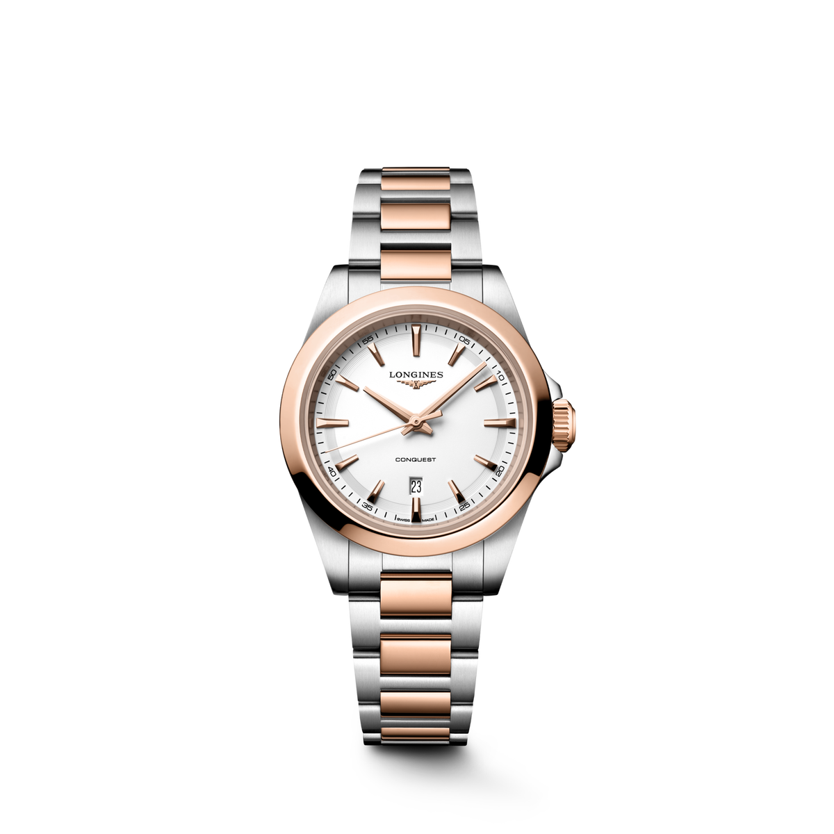 Longines Conquest 30.00mm Quartz White sandblasted Dial Red Stainless Steel Bracelet Watch