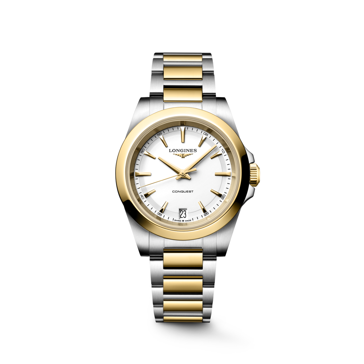 Longines Conquest 34.00mm Quartz White sandblasted Dial Yellow Stainless Steel Bracelet Watch
