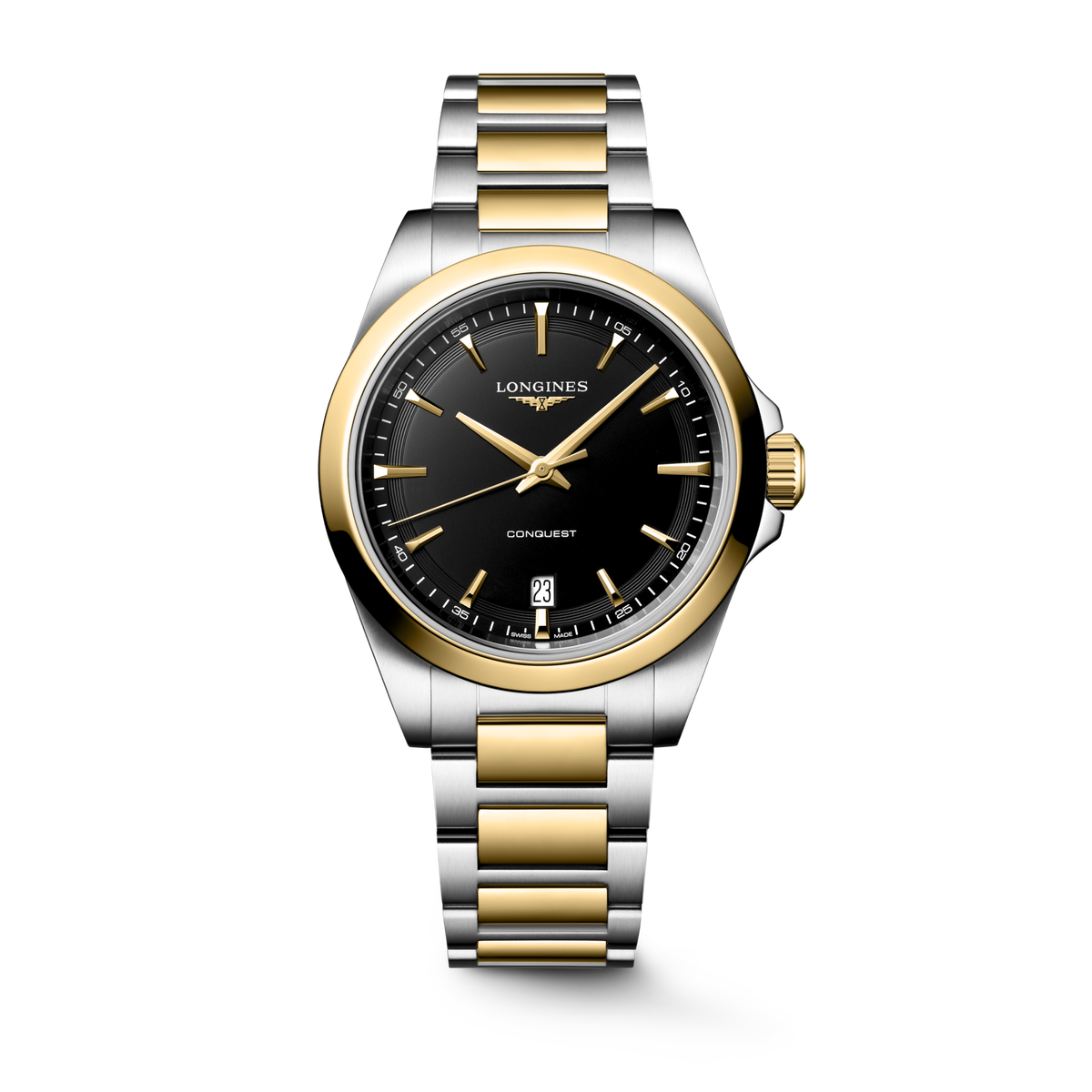 Longines Conquest 38.00mm Quartz Black sandblasted Dial Yellow Stainless Steel Bracelet Watch