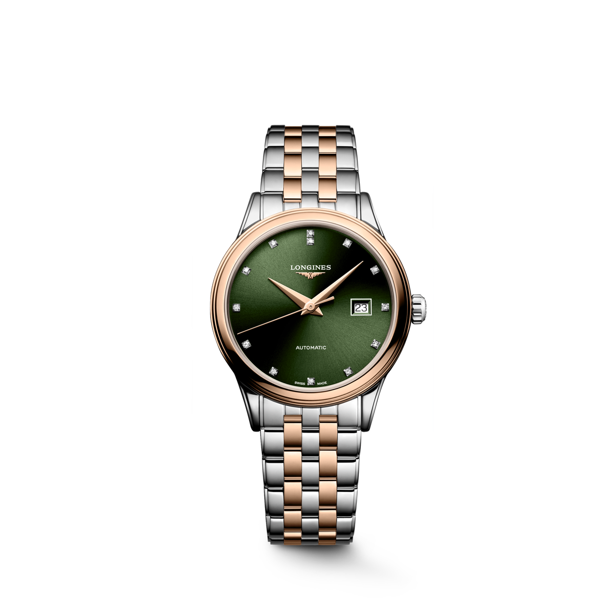Longines Flagship Classic 30.00mm Automatic Sunray green Dial Red Stainless Steel Bracelet Watch