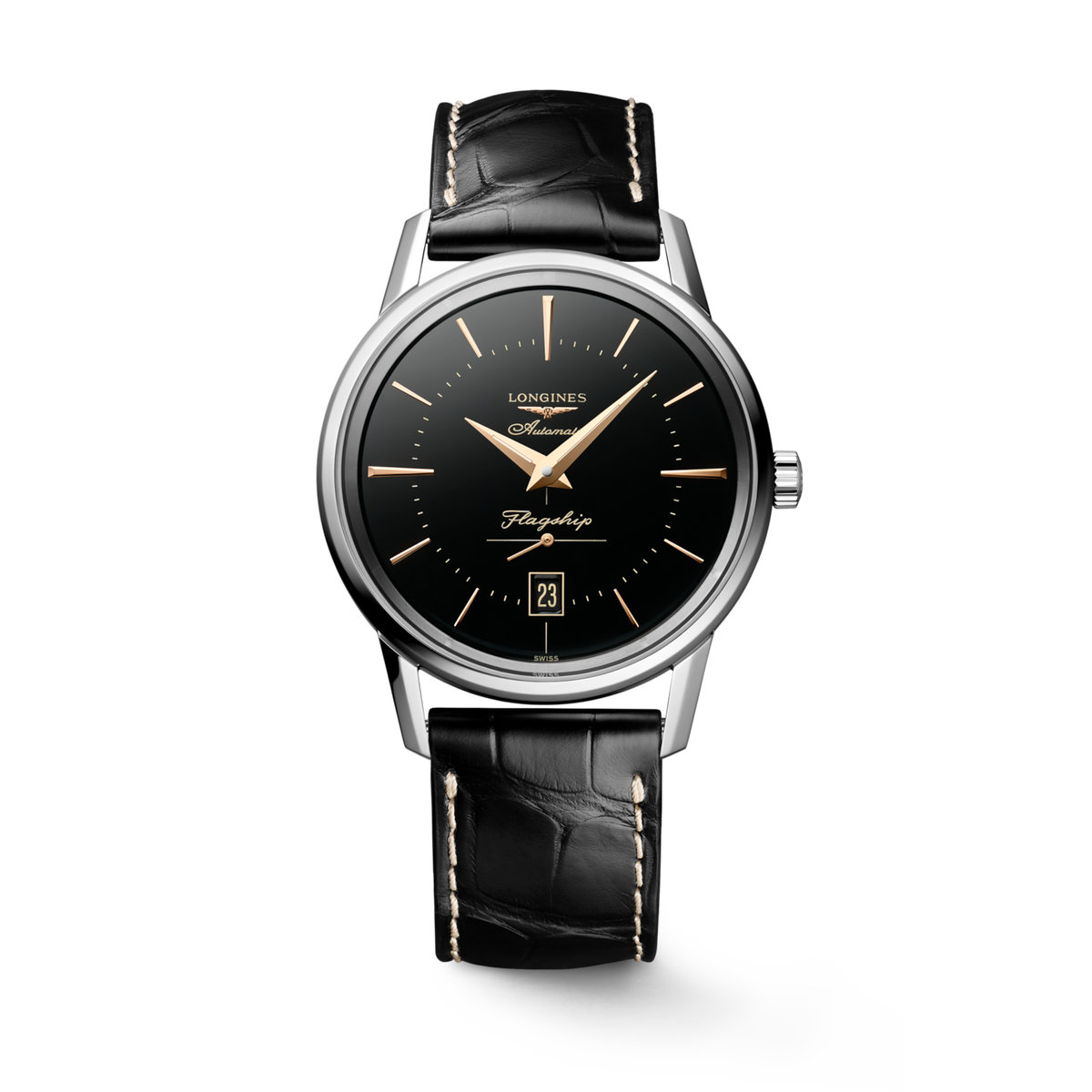 Longines Flagship Heritage 38.50mm Automatic Black Dial Black Alligator Strap Watch