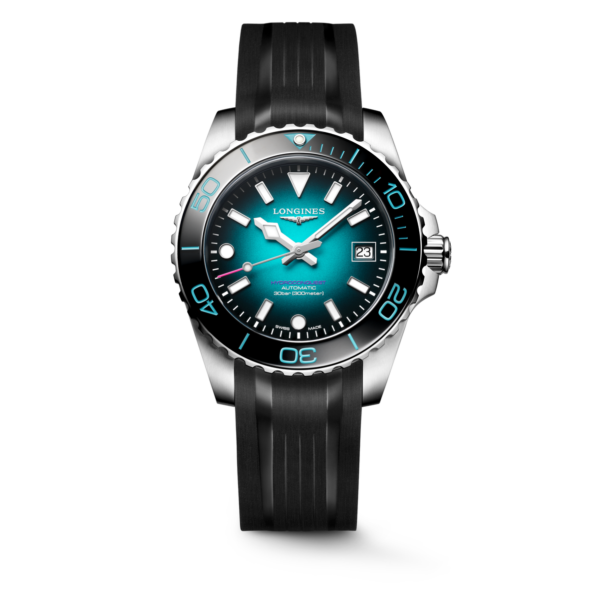 Longines HydroConquest 39.00mm Automatic Teal gradient lacquered polished Dial Black Rubber Strap Watch