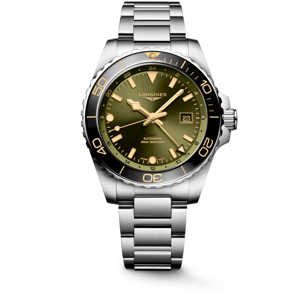 [SIMCHA-TOP500:LONGINES:L3.890.4.06.6:01] HYDROCONQUEST GMT L3.890.4.06.6 Automatic, Stainless steel and ceramic bezel, Sunray green, Bracelet Watch - Watch soldier