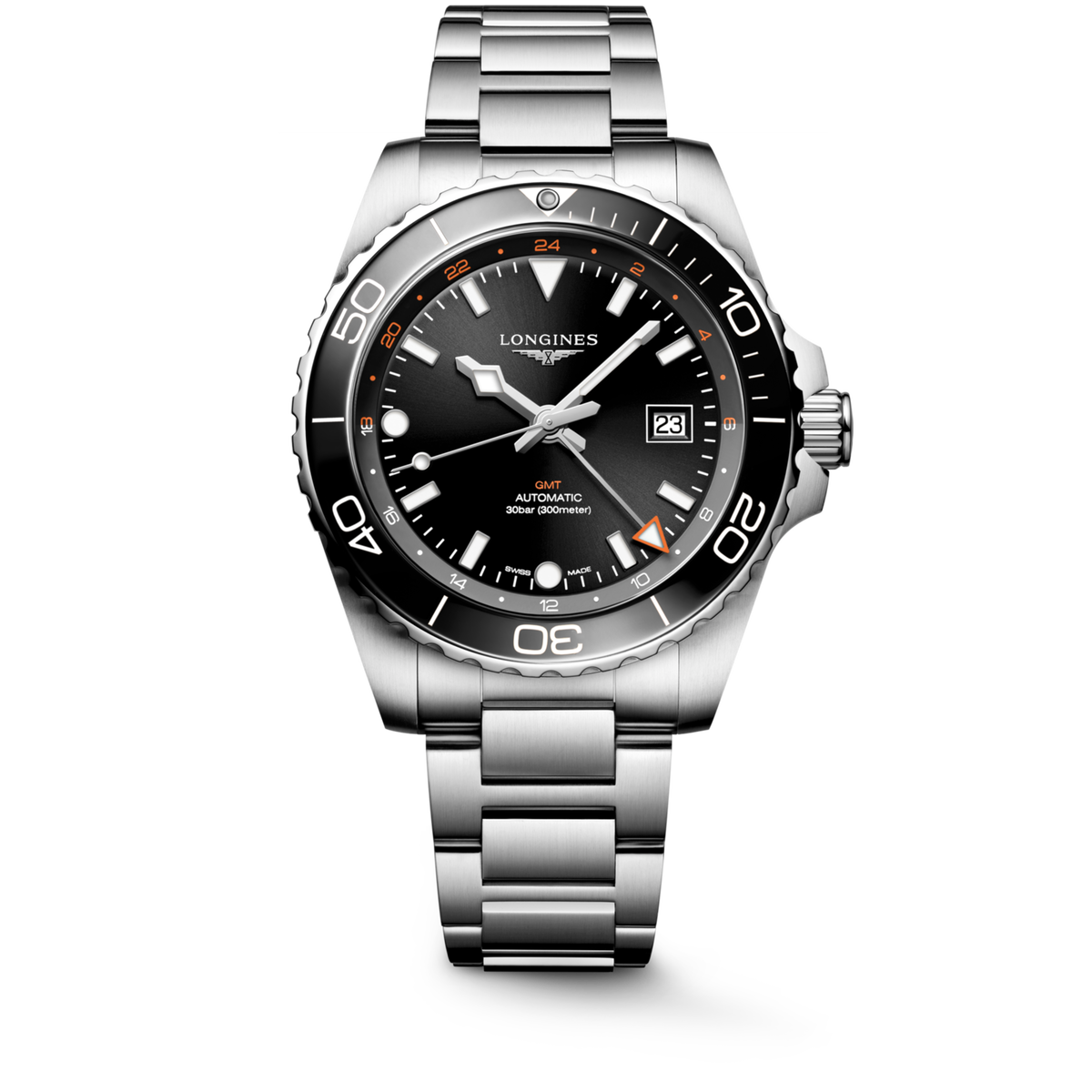[SIMCHA-TOP500:LONGINES:L3.890.4.56.6:01] HYDROCONQUEST GMT L3.890.4.56.6 Automatic, Stainless steel and ceramic bezel, Sunray black, Bracelet Watch - Watch soldier