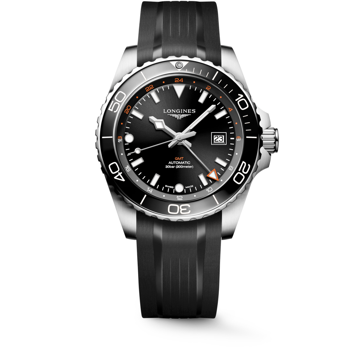 [SIMCHA-TOP500:LONGINES:L3.890.4.56.9:01] HYDROCONQUEST GMT L3.890.4.56.9 Automatic, Stainless steel and ceramic bezel, Sunray black, Strap Watch - Watch soldier