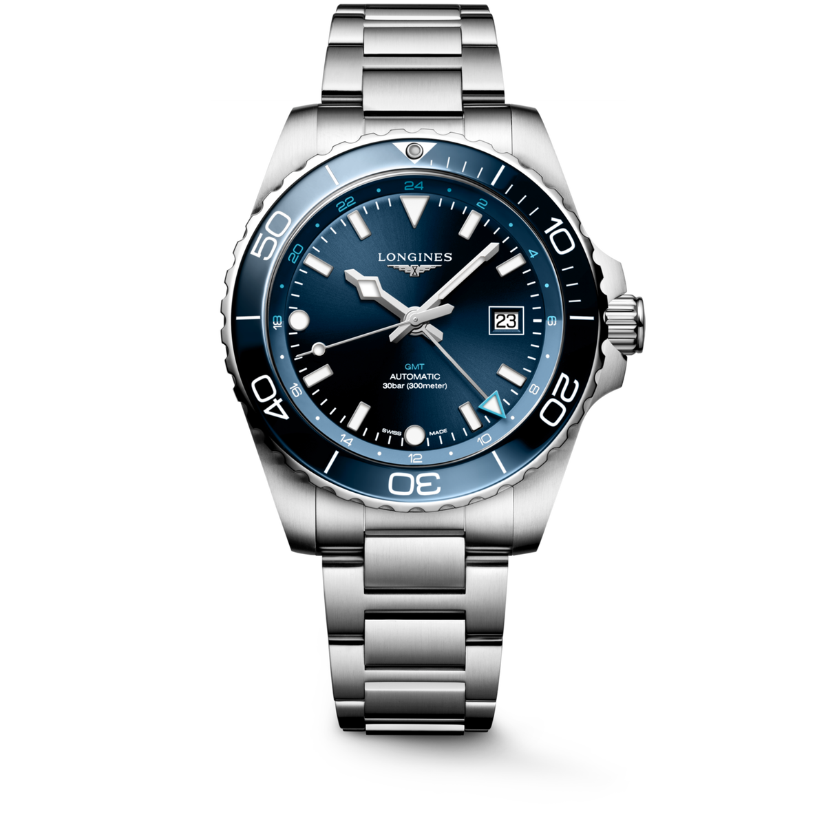 [SIMCHA-TOP500:LONGINES:L3.890.4.96.6:01] HYDROCONQUEST GMT L3.890.4.96.6 Automatic, Stainless steel and ceramic bezel, Sunray blue, Bracelet Watch - Watch soldier