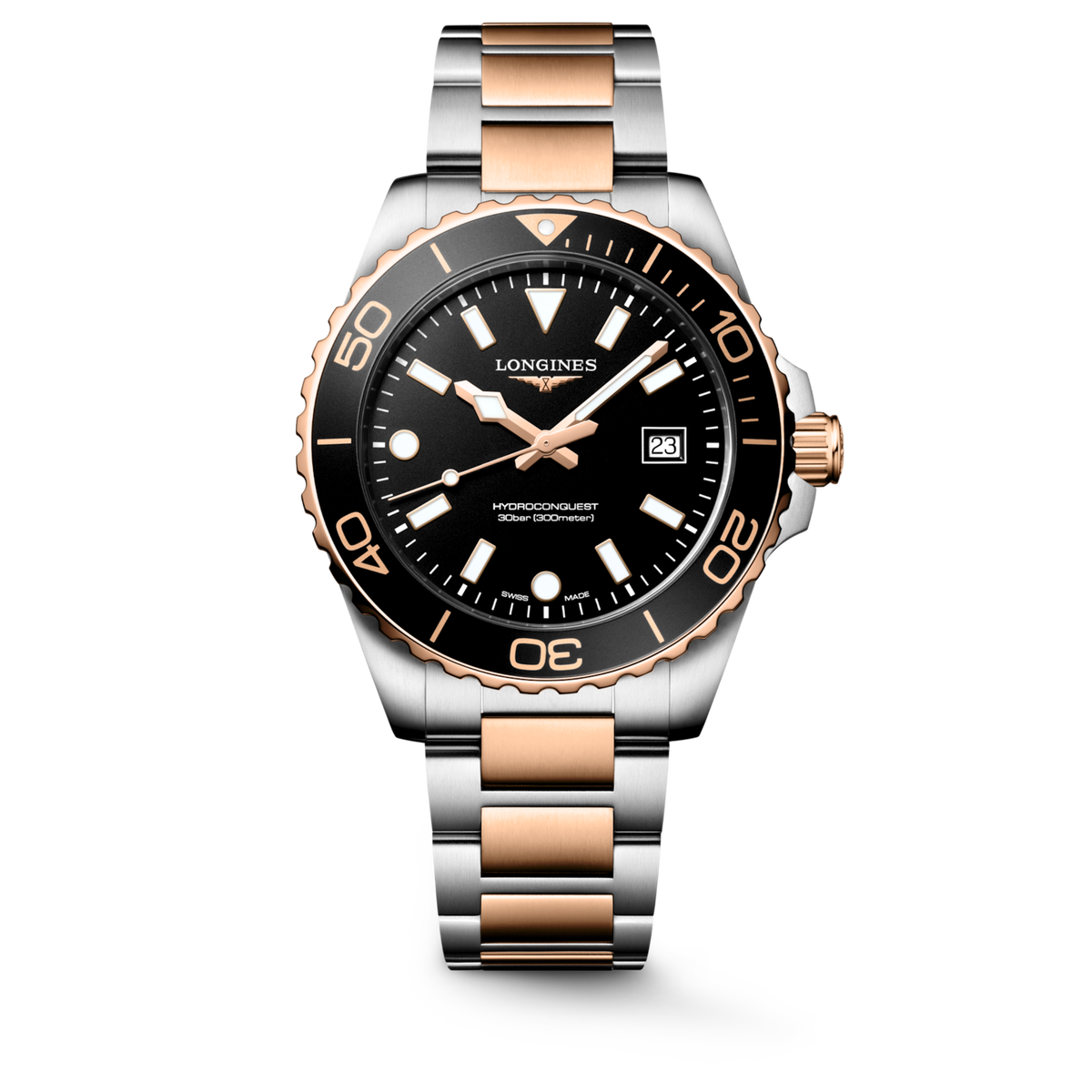 Longines HydroConquest 42.00mm Quartz Black sandblasted Dial Red Stainless Steel Bracelet Watch