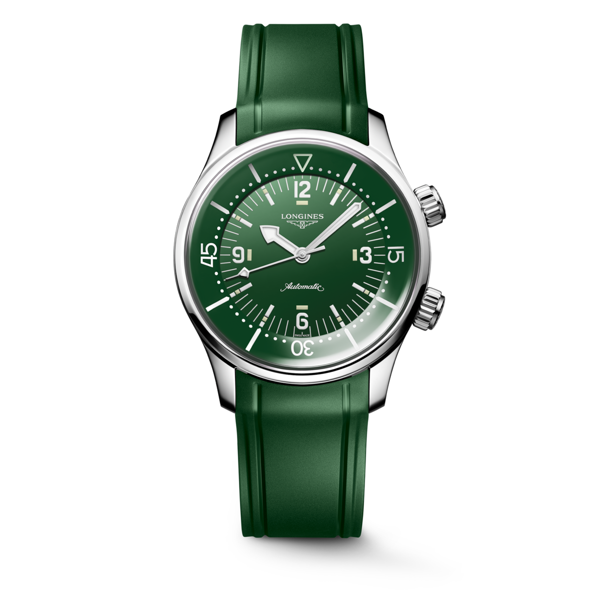[SIMCHA-STANDALONE:L3.764.4.06.9:01] Longines Legend Diver 39.00 mm Automatic Green lacquered polished Dial Green Rubber strap Watch – L3.764.4.06.9 – LONGINES LEGEND DIVER L3.764.4.06.9 Automatic, Stainless steel, Green lacquered polished, Strap Watch - Watch soldier