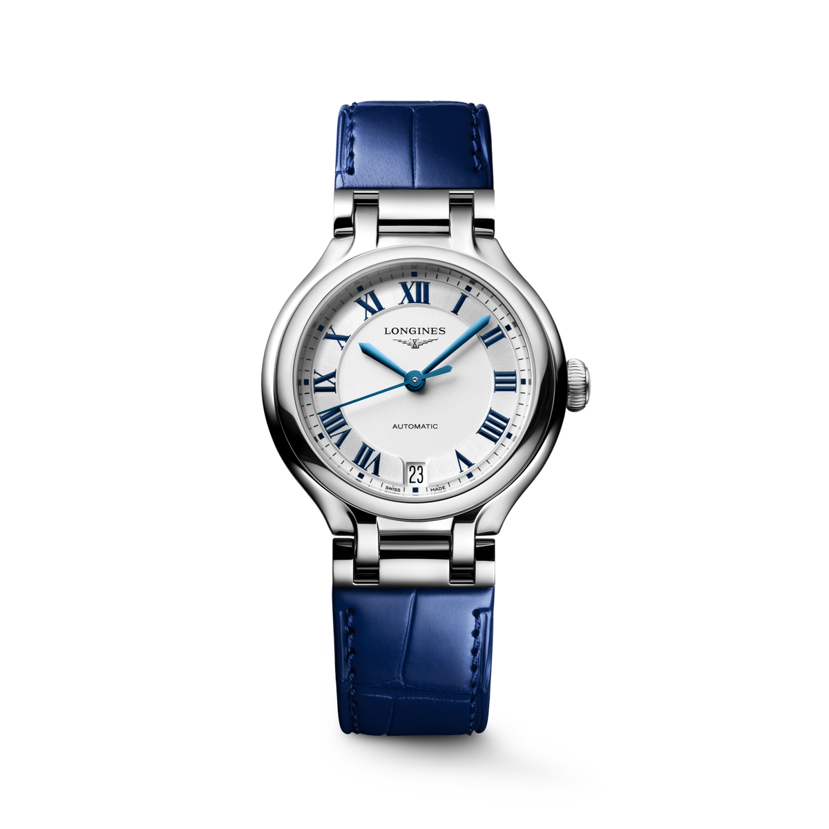 Longines PrimaLuna 34.00mm Automatic Sunray silver Dial Blue Alligator Strap Watch
