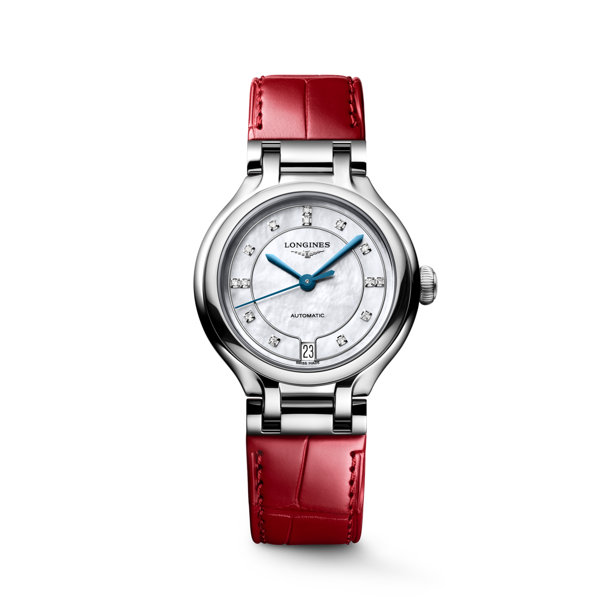 Longines PrimaLuna 34.00mm Automatic White mother-of-pearl Dial Red Alligator Strap Watch