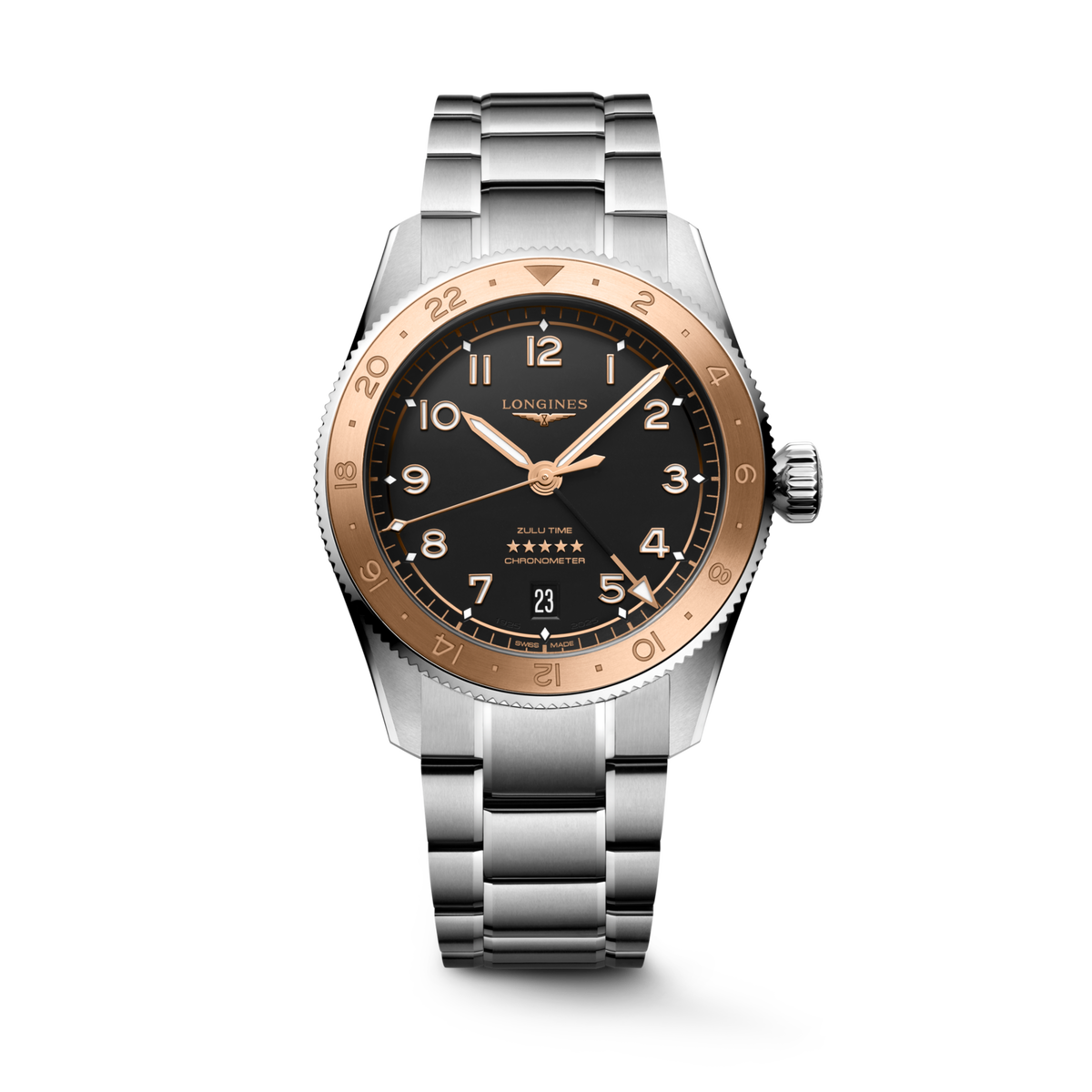 [SIMCHA-TOP500:LONGINES:L3.803.5.53.6:01] LONGINES SPIRIT ZULU TIME 1925 L3.803.5.53.6 Automatic, Stainless steel and rose gold 18 carats cap 200, Black matt, Bracelet Watch - Watch soldier