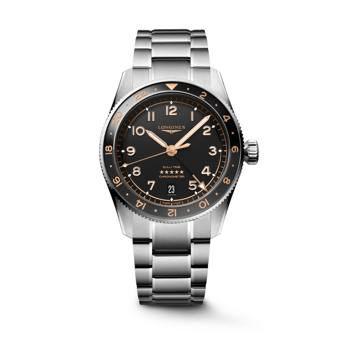 [SIMCHA-STANDALONE:L3.802.4.50.6:01] Longines Spirit Zulu Time 39.00 mm Automatic Black matt Dial Stainless steel Bracelet Watch – L3.802.4.50.6 – LONGINES SPIRIT ZULU TIME L3.802.4.50.6 Automatic, Stainless steel and ceramic bezel, Black matt, Bracelet Watch - Watch soldier