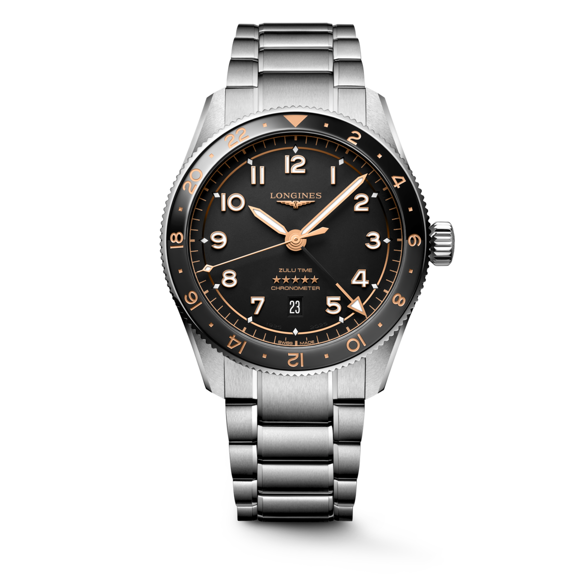 [SIMCHA-TOP500:LONGINES:L3.812.4.50.6:01] LONGINES SPIRIT ZULU TIME L3.812.4.50.6 Automatic, Stainless steel and ceramic bezel, Black matt, Bracelet Watch - Watch soldier