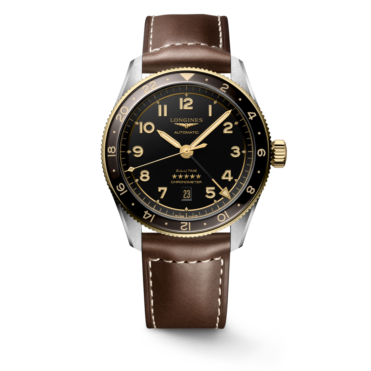 [SIMCHA-TOP500:LONGINES:L3.812.5.53.2:01] LONGINES SPIRIT ZULU TIME L3.812.5.53.2 Automatic, Stainless steel and 18 karat yellow gold cap 200, Anthracite, Strap Watch - Watch soldier