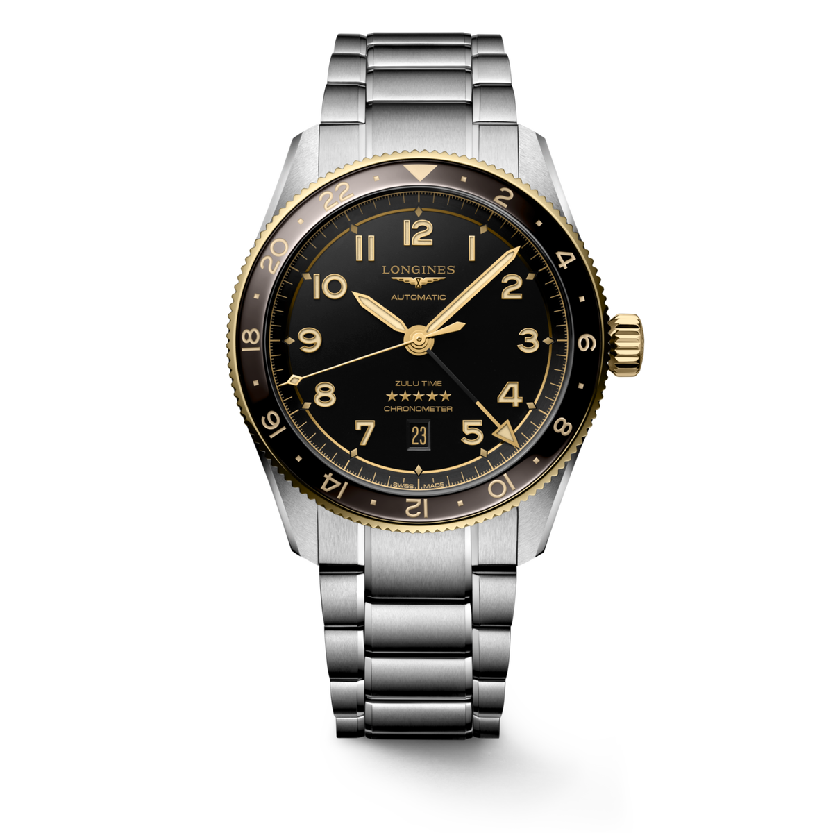 [SIMCHA-TOP500:LONGINES:L3.812.5.53.6:01] LONGINES SPIRIT ZULU TIME L3.812.5.53.6 Automatic, Stainless steel and 18 karat yellow gold cap 200, Anthracite, Bracelet Watch - Watch soldier