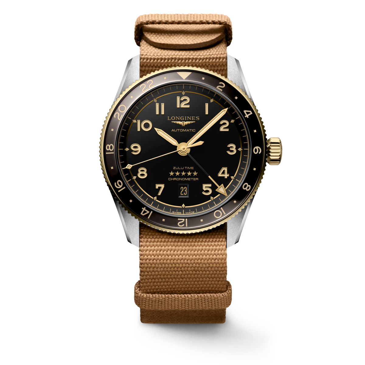 [SIMCHA-TOP500:LONGINES:L3.812.5.53.9:01] LONGINES SPIRIT ZULU TIME L3.812.5.53.9 Automatic, Stainless steel and 18 karat yellow gold cap 200, Anthracite, Strap Watch - Watch soldier