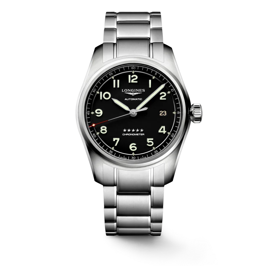 Longines Spirit with black dial and stainless steel bracelet